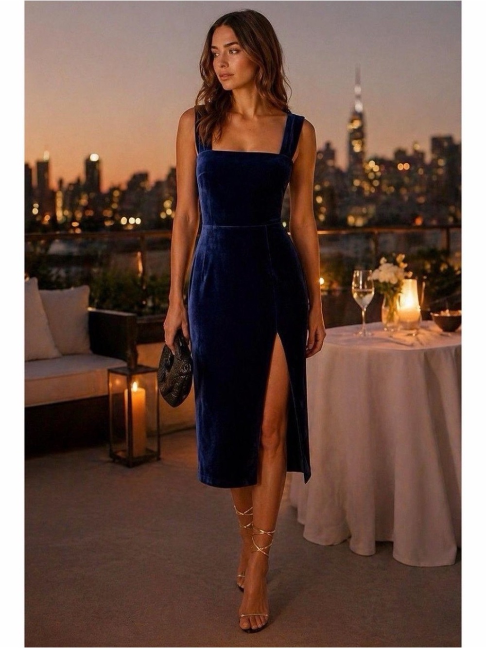 Reformation Danube Navy Velvet Square-Neck Midi Dress with Slit